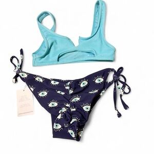 Women’s Bikini Set - Bright Aqua Blue Ribbed Top and Navy Eye Print Bottoms